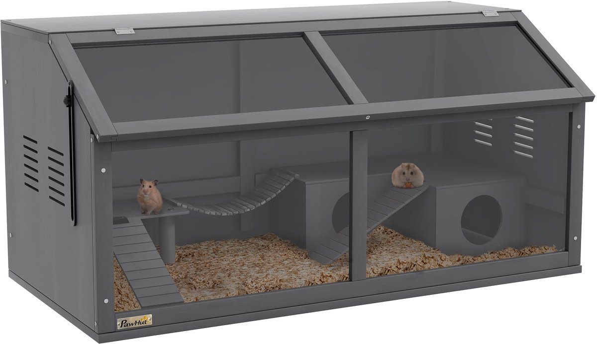 Merax Houten Hamsterkooi 100x52x50 cm Met Open Dak Brug Houten Huisje En Ladders Voor Hamsters En Muizen Donkergrijs