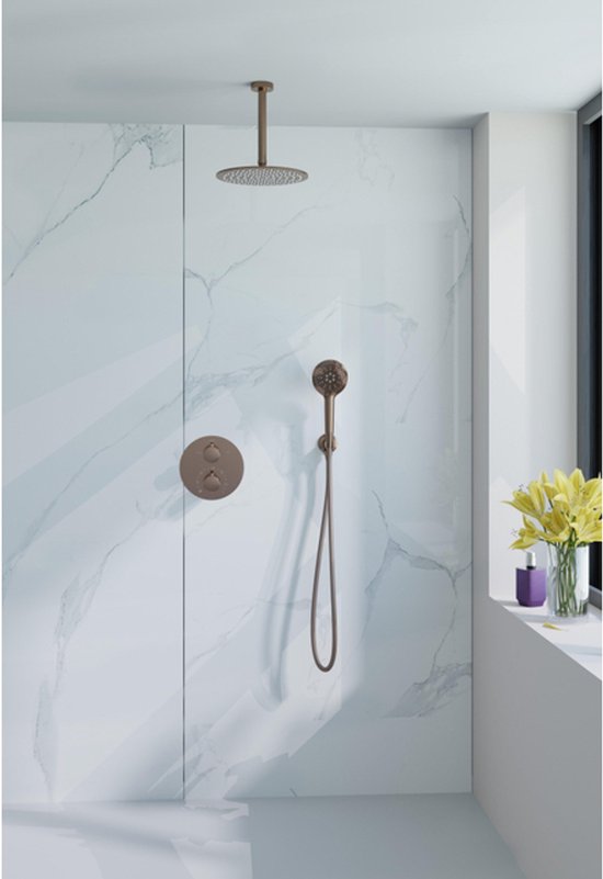 Fortifura Calvi Inbouw Regendoucheset - rond - thermostatisch - plafondarm - 25cm hoofddouche - ronde handdouche - gladde slang - Geborsteld koper PVD (Koper)