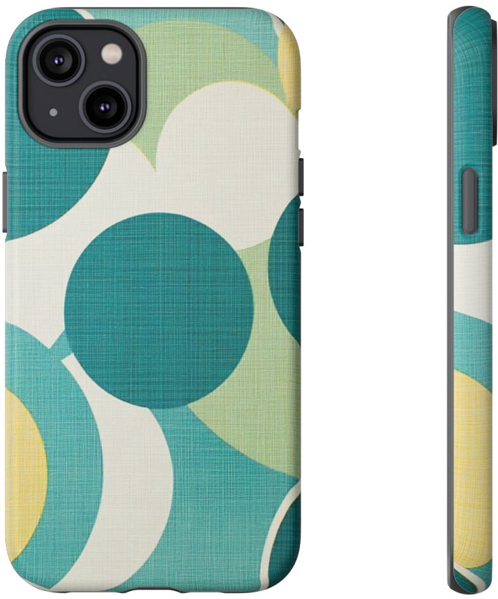 Retro Patroon met Blauwe en Gele Cirkels – Telefoonhoesje Geschikt voor iPhone 14 Plus