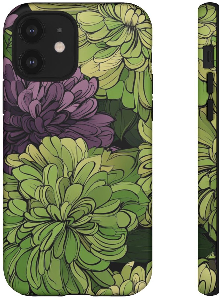 Groen-Paarse Chrysantenprint – Telefoonhoesje Geschikt voor iPhone 12