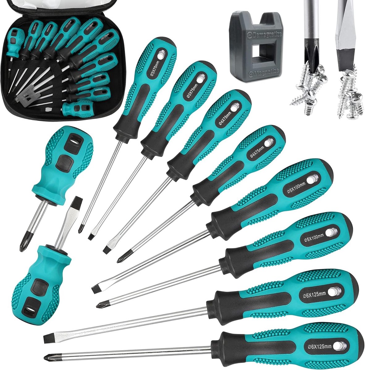 Magnetische schroevendraaierset 10 stuks, 5 kruiskop- en 5 platte precisieschroevendraaiers, professionele zachte grip en antislip voor reparatie, doe-het-zelf en knutselen, groen
