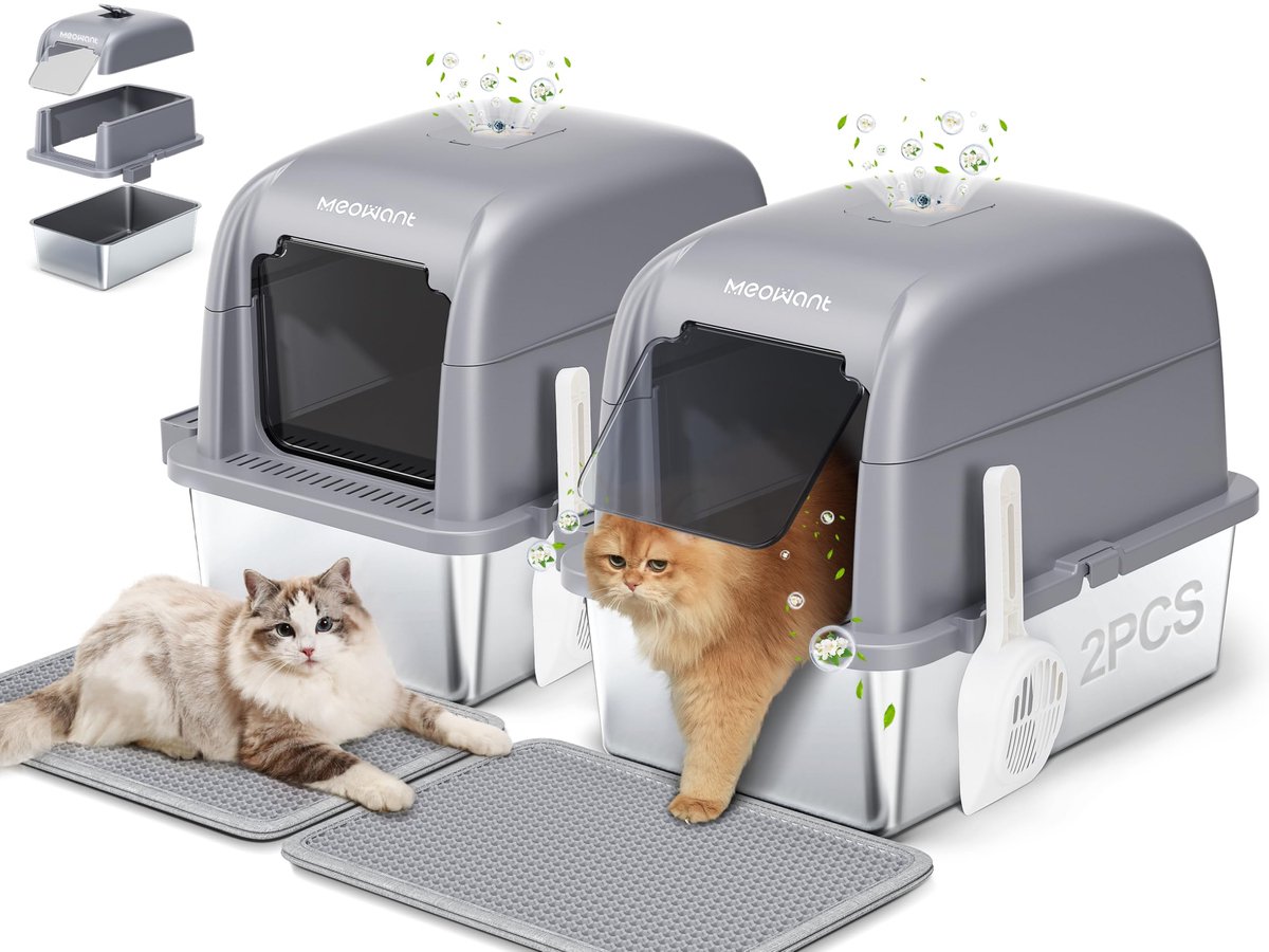 MeoWant kattenbak van roestvrij staal, 81 liter grote capaciteit, verwijderbare, drielaagse, gesloten, geurdichte kattenbak, kattenbak van roestvrij staal met pedalen, schepje en mat (grijs, 2-pack)