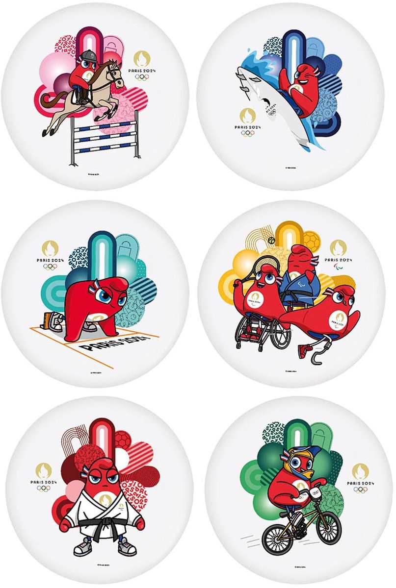 Fun House Olympische Spelen Parijs 2024 Set van 6 Jo herbruikbare picknickborden (paardrijden, surfen, racen, judo, wielrennen en Paralympische Spelen)