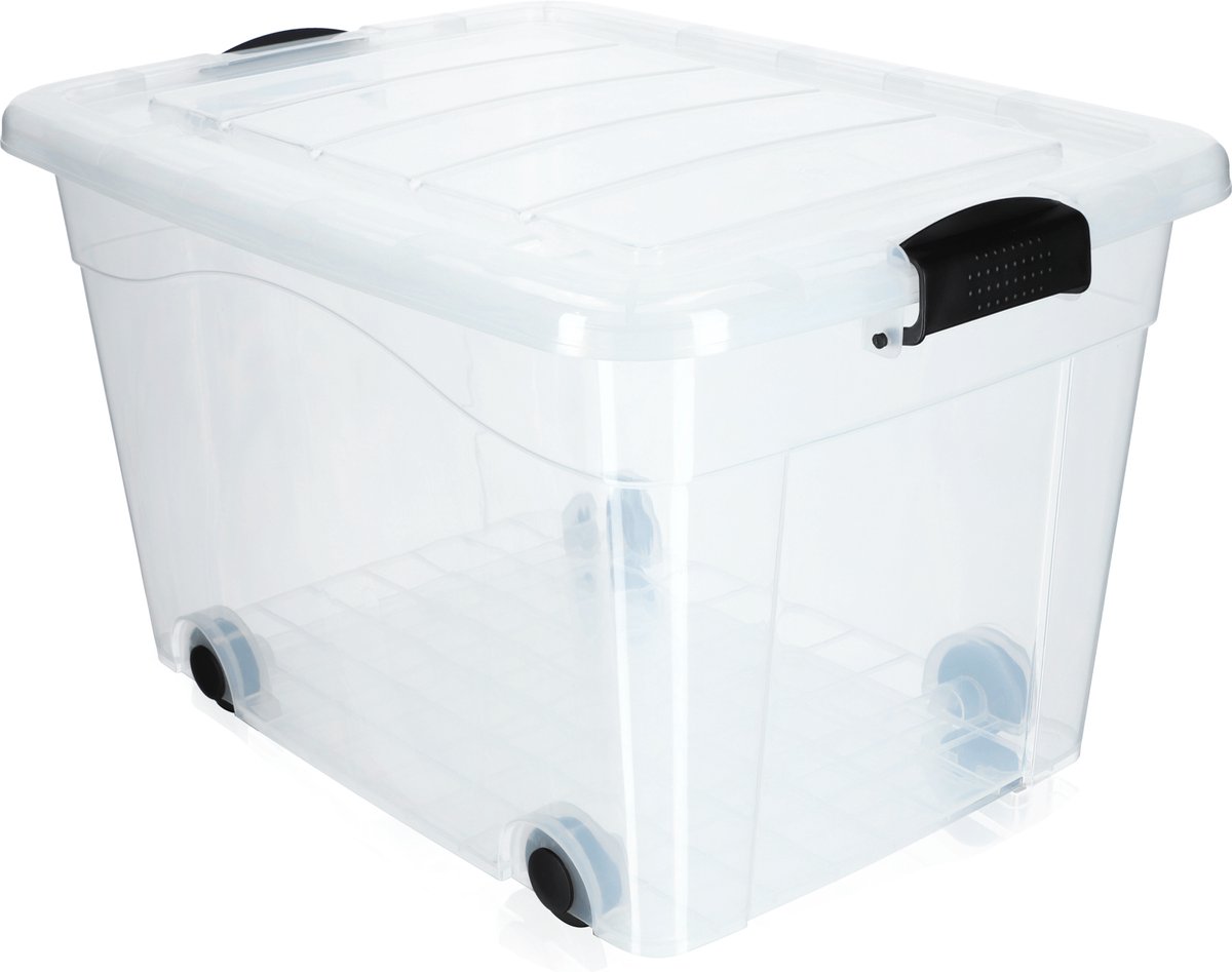 KADAX Kunststof container met wieltjes, 60 liter, transparante opbergdoos van kunststof, organizer met deksel, clipbox voor speelgoed, opbergdoos met kliksluiting