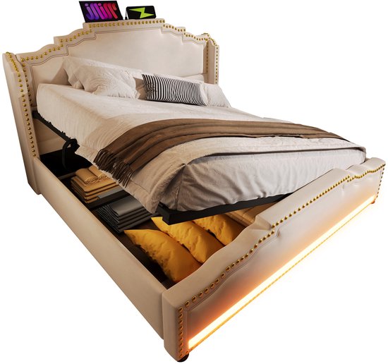 Gestoffeerd bed, tweepersoonsbed, 140 x 200 cm, jeugdbed met opbergruimte en LED, boxspringbed met hydraulische bedlade, bedframe met lattenbodem, fluweel, zonder matras (beige, 140 x 200 cm