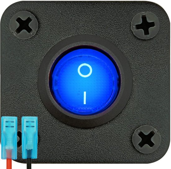 Zwarte schakelaar met blauw verlichte aan/uit knop, gemonteerd op paneel met vier schroeven en twee blauwe connectoren.