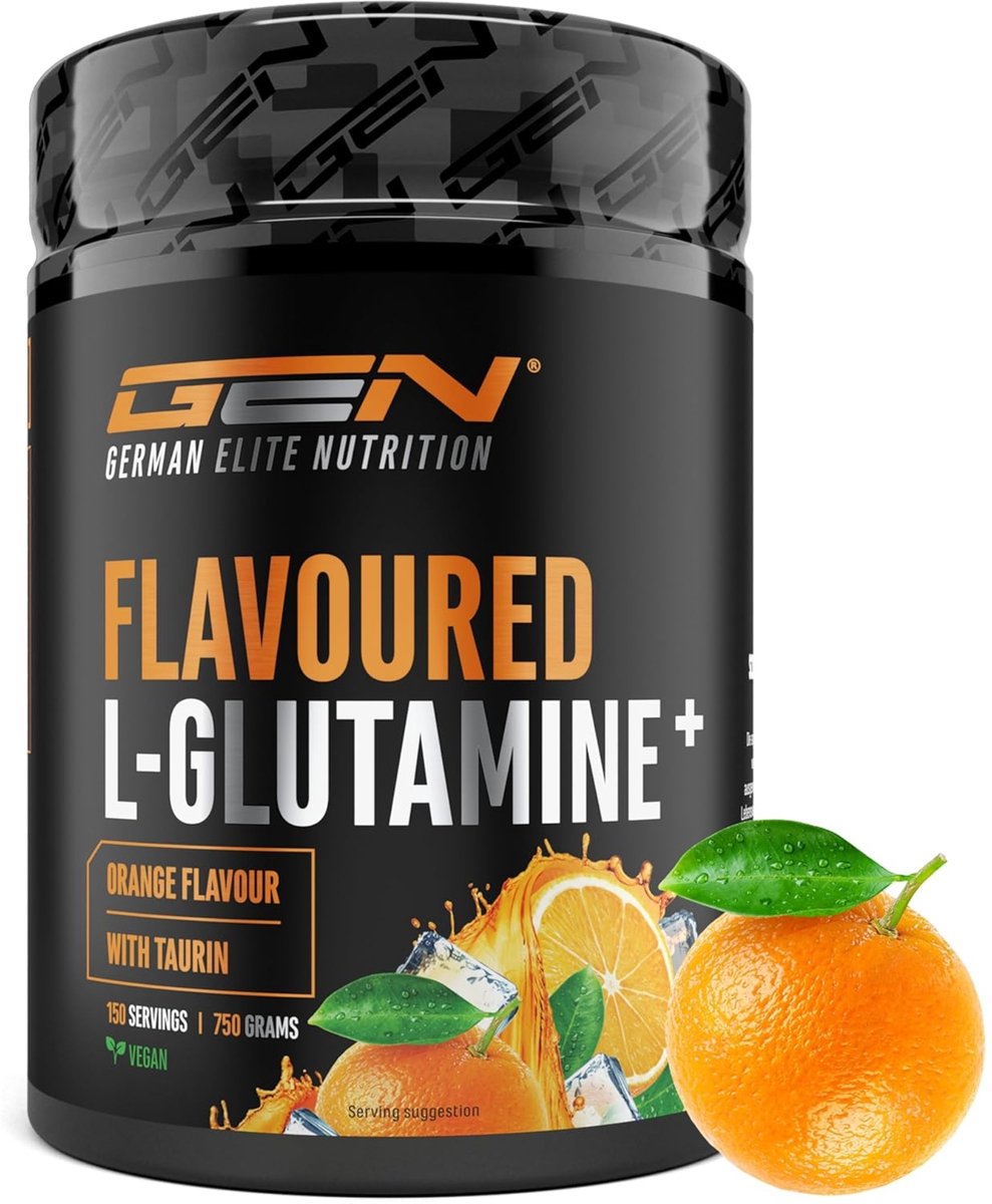 GEN Gearomatiseerd L-Glutamine Poeder - 750 g - Ultrafijne L-Glutamine met extra Taurine - Gemicroniseerde Glutamine met Smaak - Suikervrij & Zeer Goed Oplosbaar - Veganistisch (Orange)