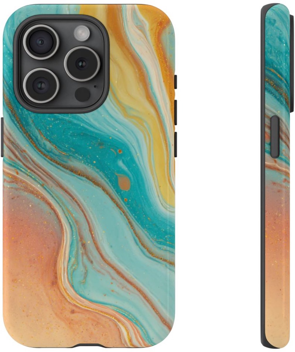 Oranje en Teal Marmer Abstract – Telefoonhoesje Geschikt voor iPhone 15 Pro