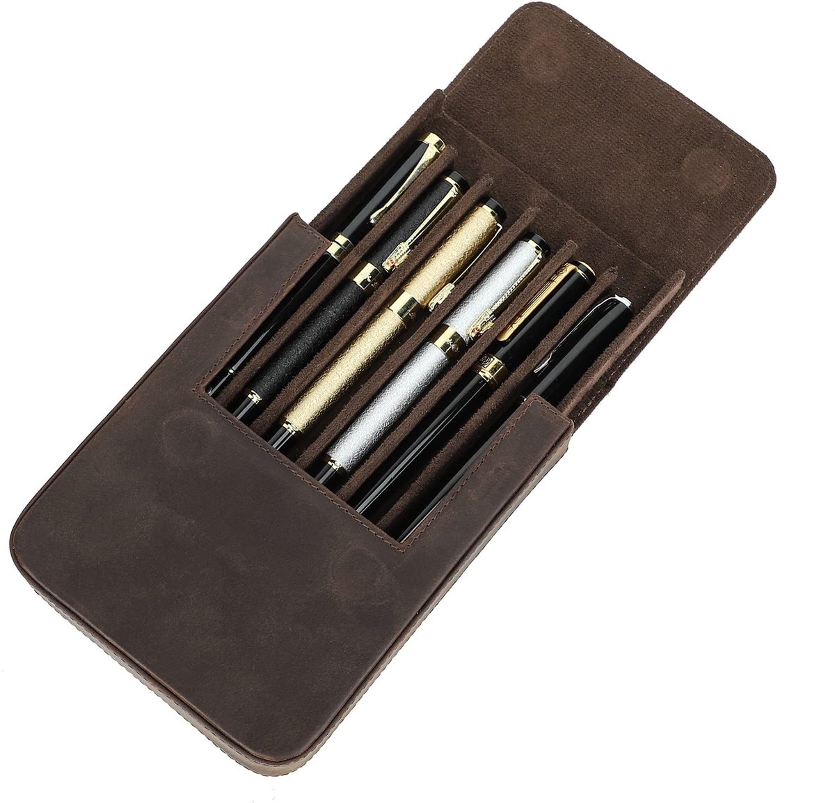 Leren Pennenetui voor 6 Pennen - Handgemaakt Vintage Stijl - Reis & Bureau Organizer