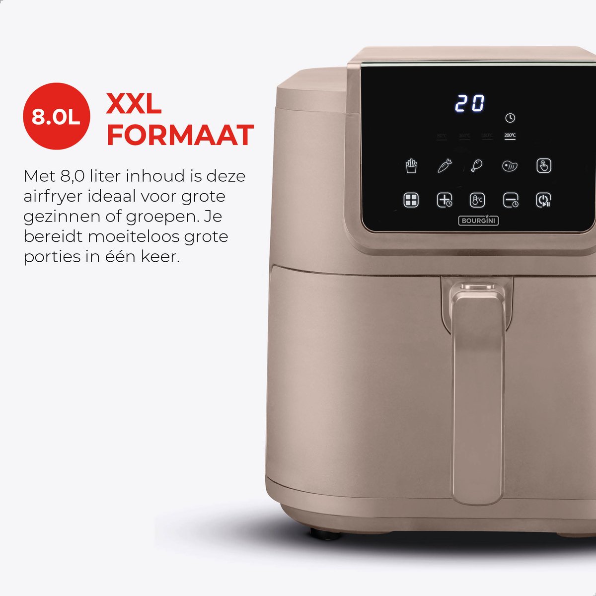 Afbeelding 3 van Bourgini Slimfit Airfryer XXL Beige - Heteluchtfriteuse - 8 liter - 1700W - PFAS vrij