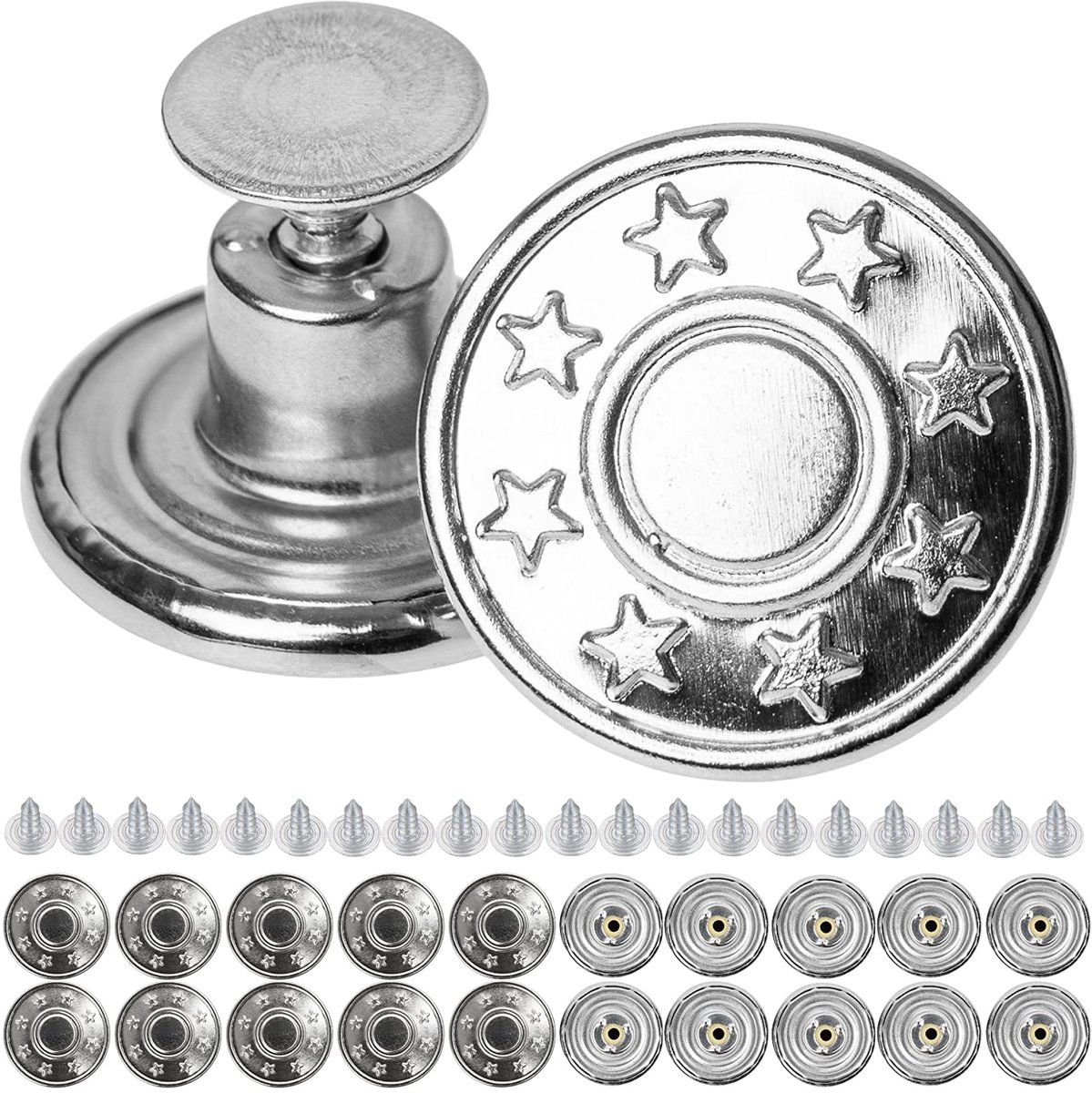 Vervangende broekknopen om te klinken, Ø 17 mm messing jeansknopen, 20 stuks, zilverkleurig, jeansknopen met klinknagels, jeansknoop om in te slaan, metalen broekknoop, broeken wijder maken, metalen broekknopen