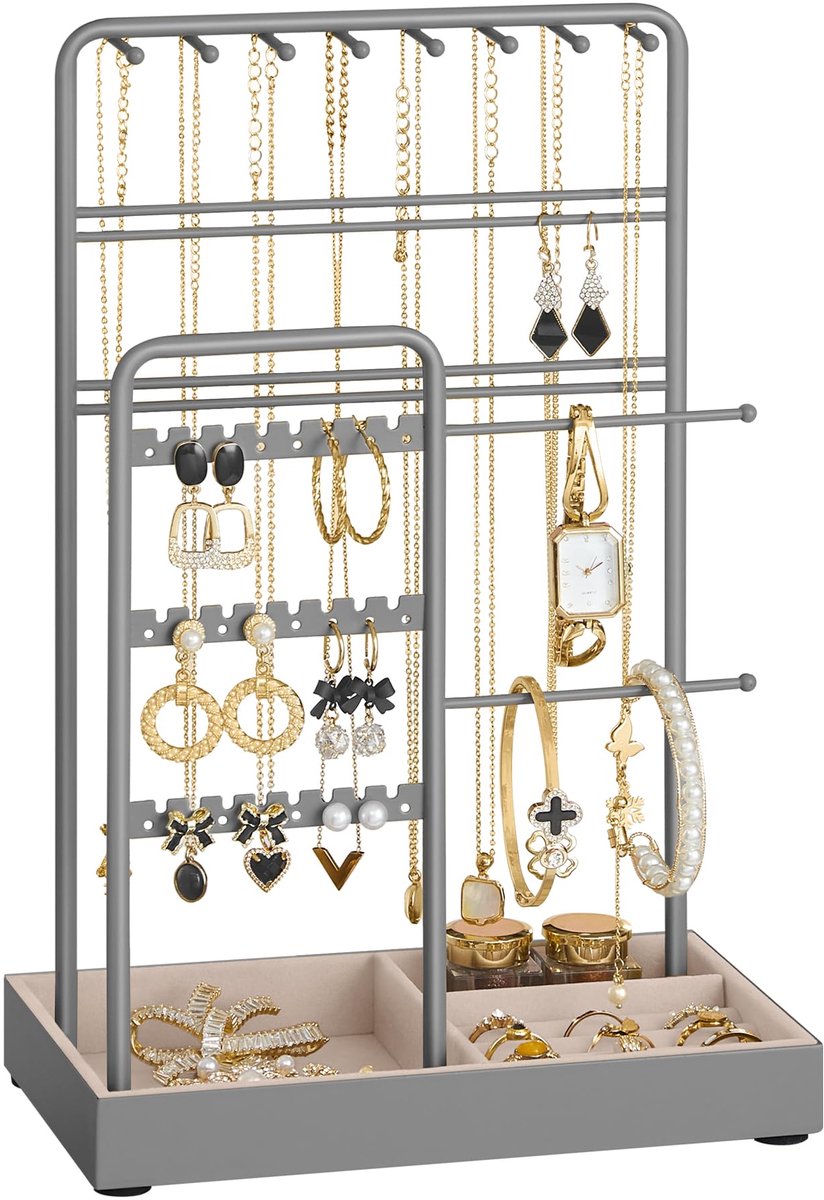 SONGMICS Sieradenstandaard, sieradenhouder, metalen frame, fluwelen sieradenlade, sieradenopberger voor kettingen, armbanden, oorbellen, oorbellen, ringen, cadeau-idee, duifgrijs JJS021G01