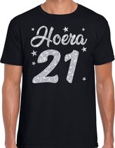 Hoera 21 jaar verjaardag cadeau t-shirt - zilver glitter op zwart - heren - cadeau shirt 2XL