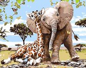 Paint By Numbers Beste Vrienden: Giraffe en Olifant - Schilderen op Nummer - 50x40cm - Volwassenen - Stipco