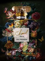 Glasschilderij - Chanel flesje met bloemen - schilderij fotokunst - foto print op glas - 80 x 120 cm