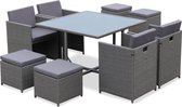 Vabo set, 1 rechthoekig tafel, 4 stoelen en 4 voetenbanken van gevlochten hars