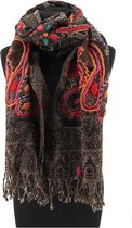 Bruine wollen kasjmier sjaal met borduur - 180 x70 cm - 100% wol