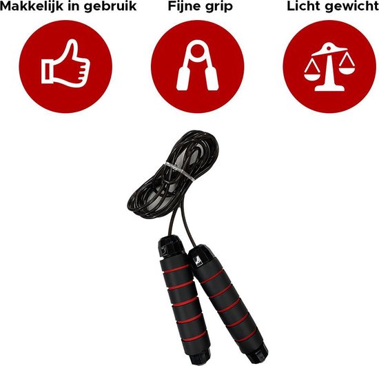 Zwart springtouw met rode accenten op de handvatten. Iconen voor 'Makkelijk in gebruik', 'Fijne grip' en 'Licht gewicht'.