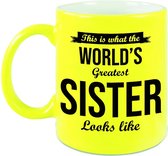Worlds Greatest Sister cadeau koffiemok / theebeker neon geel 330 ml