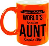 Worlds Greatest Aunt / tante cadeau koffiemok / theebeker neon oranje 330 ml