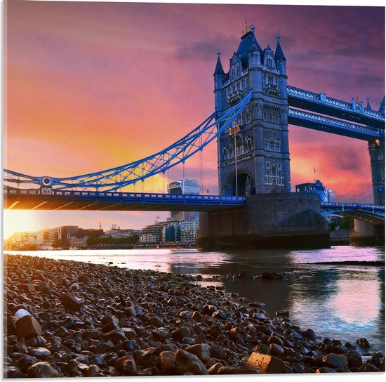 Acrylglas - Foto van de Tower Bridge Met een Mooie Zonsondergang - 50x50cm Foto op Acrylglas (Wanddecoratie op Acrylglas)