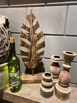 Cadeaupakket  /  Houten veer/blad + 3x houten kandelaar S-M-L + Fles met de tekst New home New adventures New memories  / moederdag / verjaardag / kerstmis