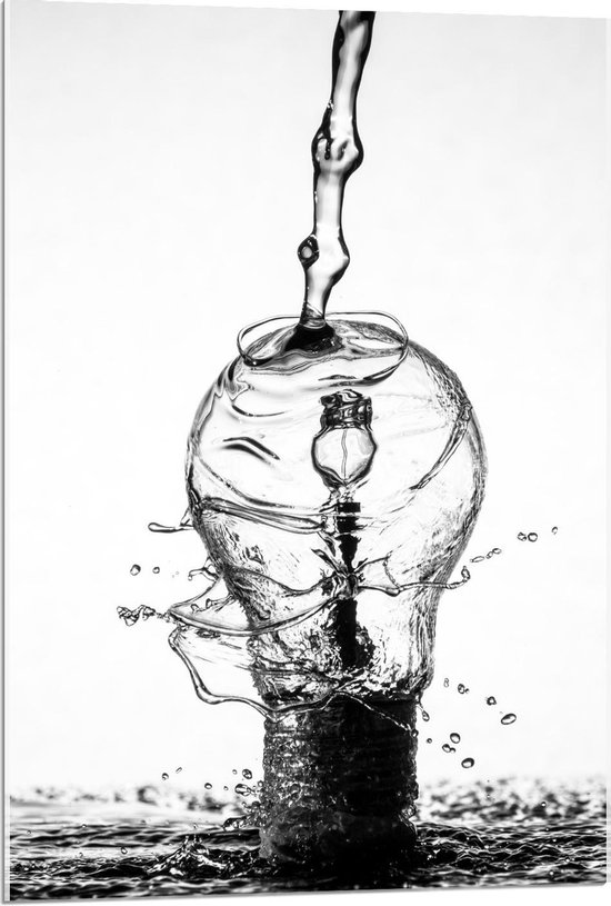 Acrylglas - Zwart/Wit Lampje met een Straal Water Er Op - 60x90cm Foto op Acrylglas (Met Ophangsysteem)