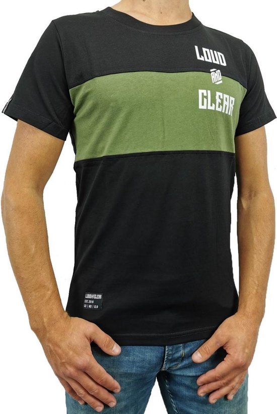 LOUD AND CLEAR T Shirt Heren Zwart Groen - Ronde Hals - Korte Mouw - Met Print - Met Opdruk