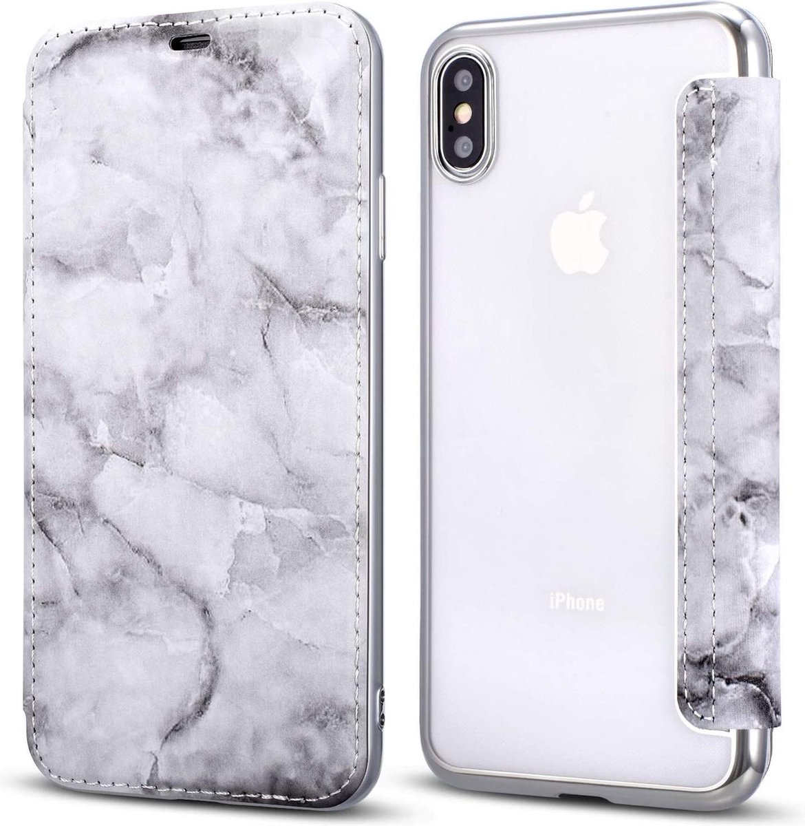 Geschikt voor Apple iPhone XR Flip cover - Zilver - Marmer - Folio
