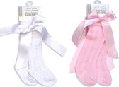 2 paar Spanish Style Lacey Kniekousen met Satijnen Strik | Roze+Wit |12-18 mnd