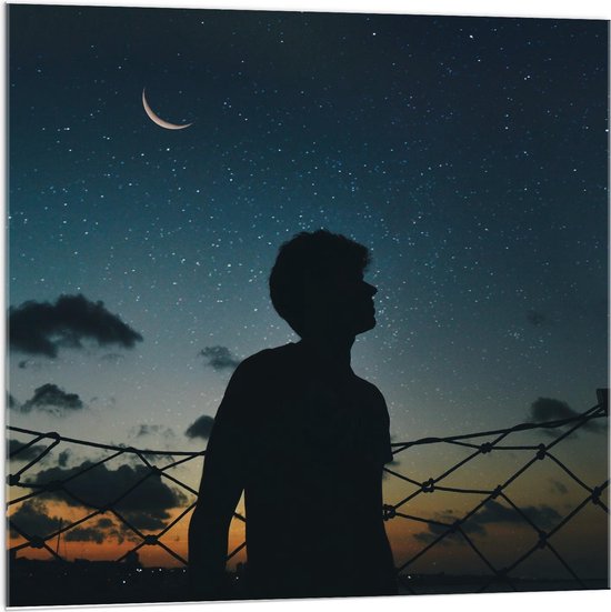 Acrylglas - Mensen Silhouet onder Sterren en Maan - Foto op Acrylglas (Met Ophangsysteem)