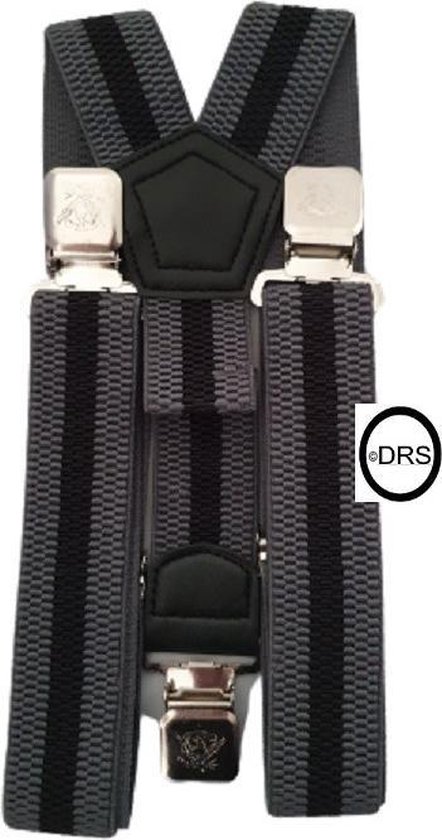 Bretelles Grijs avec bande noire - Avec pince extra robuste, solide et large du spécialiste de la ceinture