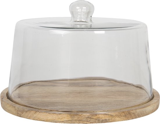Clayre & Eef Stolp 17 * 17 * 12 cm Transparant Hout, Glas Vierkant Glazen Stolp Stolp op Voet