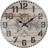 Clayre & Eef Wandklok 6KL0651 Ø 34*1 cm / 1*AA Bruin Hout Rond Wereldkaart Muurklok Hangklok Keukenklok