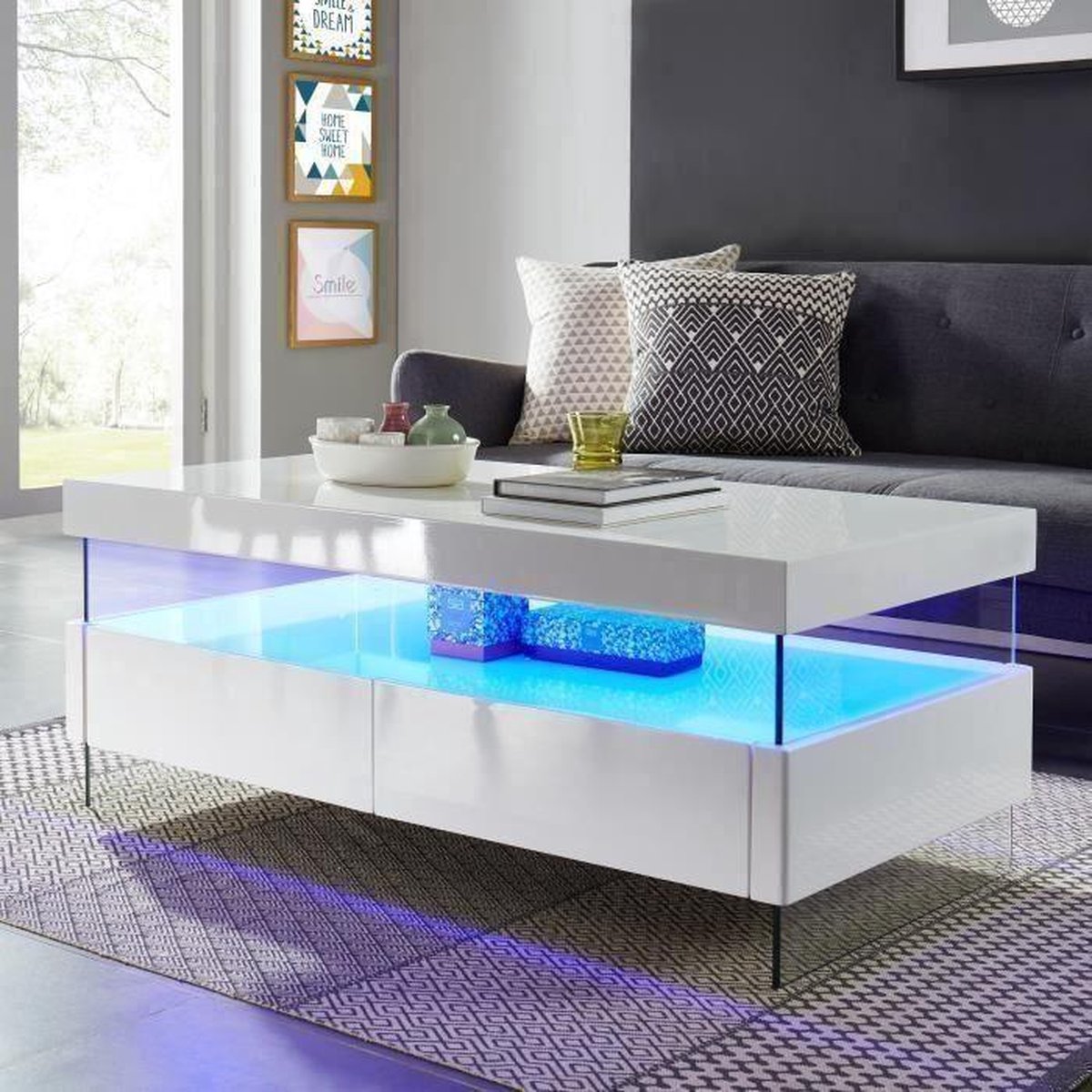 SEZANNE Table basse avec LED style contemporain laqué blanc brillant - L  120 x l 60 cm | bol.com