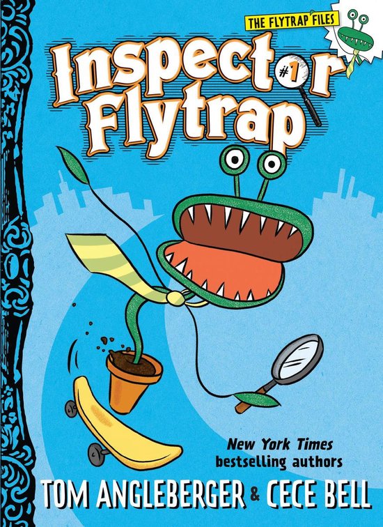 Boekcover: Inspector Flytrap #1, met een groene buitenaardse vlieg met grote ogen, een plantje en een banaan.