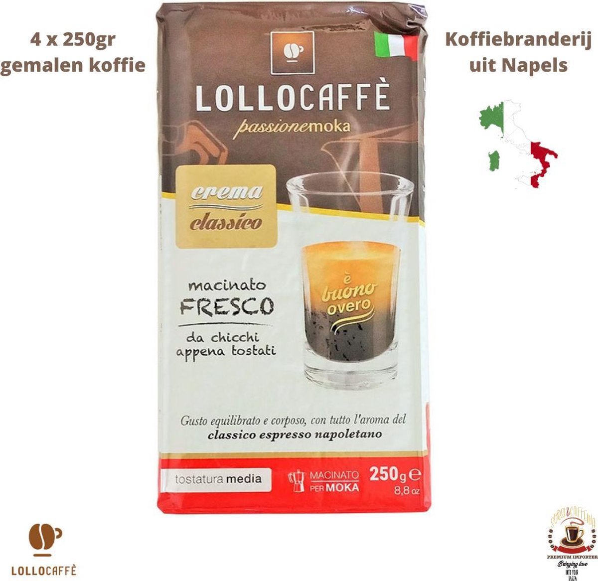 Lollo Caffè Classico - Gemalen koffie uit Napels - 250gr - Romig en rijk - perfect voor Bialetti Moka, Filter Koffie, Moccamaster, enz.