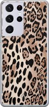 Samsung S21 Ultra hoesje siliconen - Luipaard print bruin | Samsung Galaxy S21 Ultra case | Bruin/beige | TPU backcover transparant