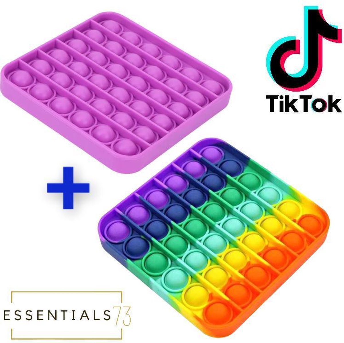 Afbeelding van product ESSENTIALS73 POP It Fidget Toy Regenboog Vierkant + Vierkant Paars - Rainbow - TikTok