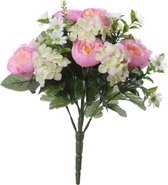 Roze hortensia/ranonkel mix boeket kunstbloemen 35 cm - Rozetinten - Hydrangea/Ranunculus - Woondecoratie