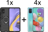 Samsung A51 Hoesje - Samsung Galaxy A51 hoesje Armor Case Zwart Kickstand Ring shock proof magneet - 4x Samsung A51 Screenprotector