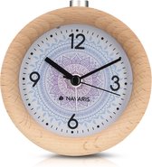Analoge houten wekker met snooze - Retro klok met rond design en unieke wijzerplaat - Stil uurwerk en lichtknopje - Natuurlijk hout in lichtbruin