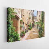 Flowery streets on a rainy spring day in a small magical village Pienza, Tuscany - Modern Art Canvas  - Horizontal - 436469914 - 80*60 Horizontal