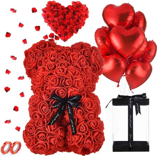 RX Goods® Ours rose rouge dans une boîte cadeau de Luxe avec des Ballons amour - Ours en peluche rose - Ours rose