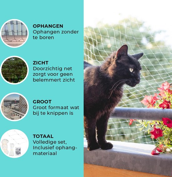Kattennet Premium - 3 x 10 M - Kattennet Voor Balkon - Transparant - Balkon net - Makkelijk te monteren-Kattengaas - Merkloos