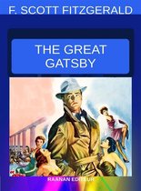 Boekomslag van 'The Great Gatsby' door F. Scott Fitzgerald met een illustratie van een man in een trenchcoat en hoed, omringd door vrouwen.