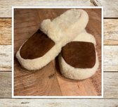 DyLeatherDesign- Sloffen- Pantoffels- 100% Biologische schapenwol- Ecru/Bruin-Maat 39