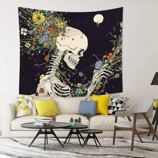 Wandkleed binnen - Wandtapijt - Schedel - Bloemen - Muurkleed - Wanddoek Stof - 200 x 150 cm - Wanddecoratie - Wandhanger - Muurhanger - Fotobehang - Poster - Ulticool - Decoratie - Woonkamer - Slaapkamer