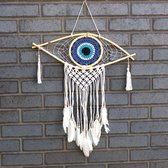 Macramé Dromenvanger - Bescherming - Boze Oog - Zwart, Wit & Blauw - 52x1x69cm