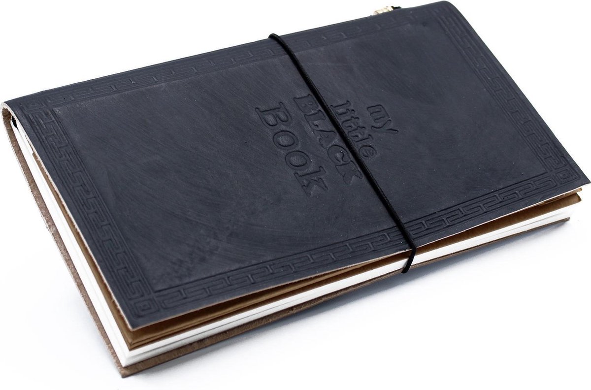 Handgemaakt leren dagboek - Notitieboek - My Little Black Book - Zwart (80 pagina's) - 22x12x1.5cm